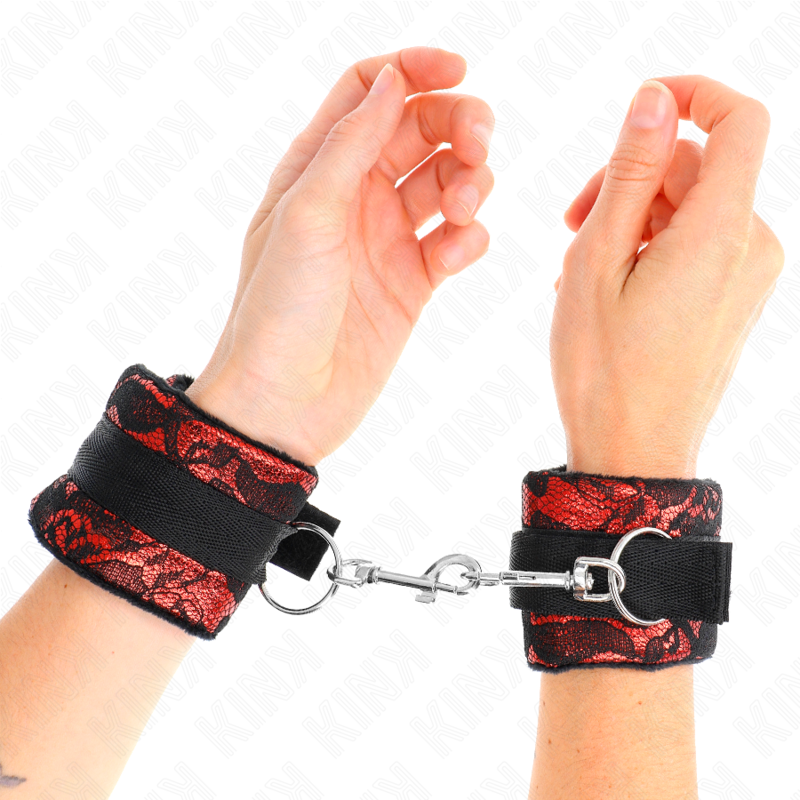 KINK - ATTACHES DE POIGNET COURTES EN VELOURS ET DENTELLE ET LIEN EN NYLON ROUGE / NOIR 23 X 6,5 CM