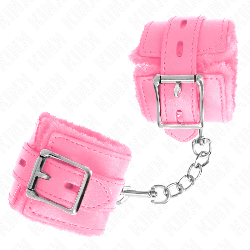 KINK - ATTACHES DE POIGNET DOUBLÉES DE FOURRURE AVEC TROUS CARRÉS ROSE ET CEINTURE ROSE RÉGLABLE 17-29 CM X 6 CM
