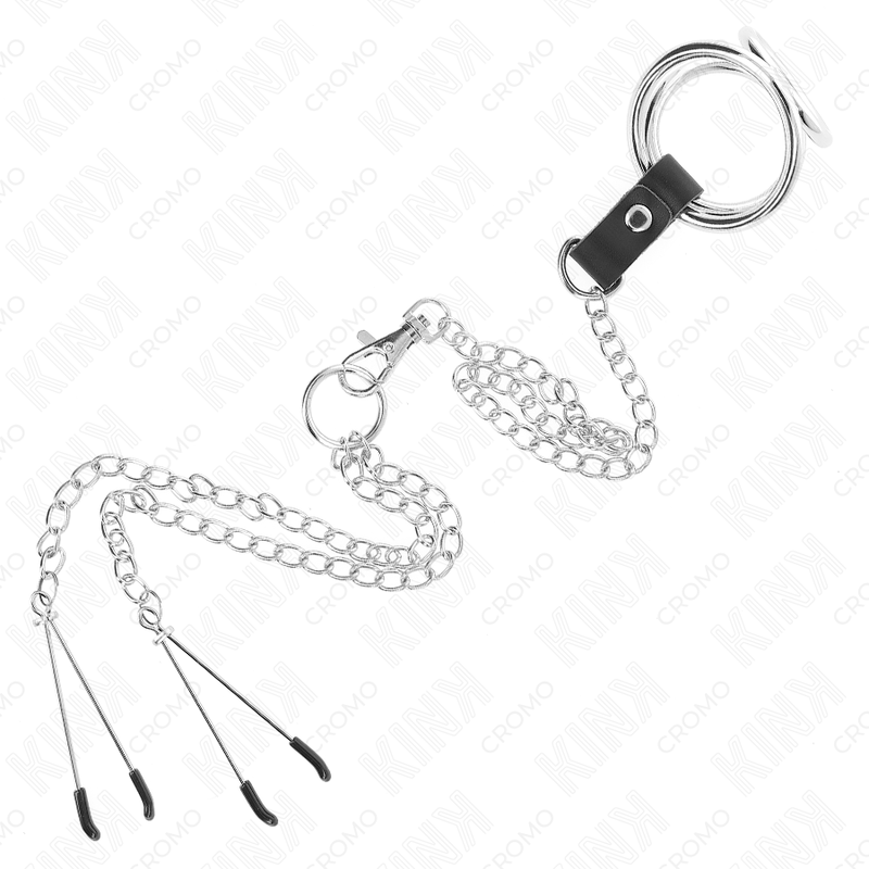 KINK - ANILLO PARA EL PENE DE METAL CROMADO TRIPLE DE 3,8 CM A 5 CM CON CADENA DE METAL DE 26 CM Y PINZAS PARA PEZONES MODELO 2