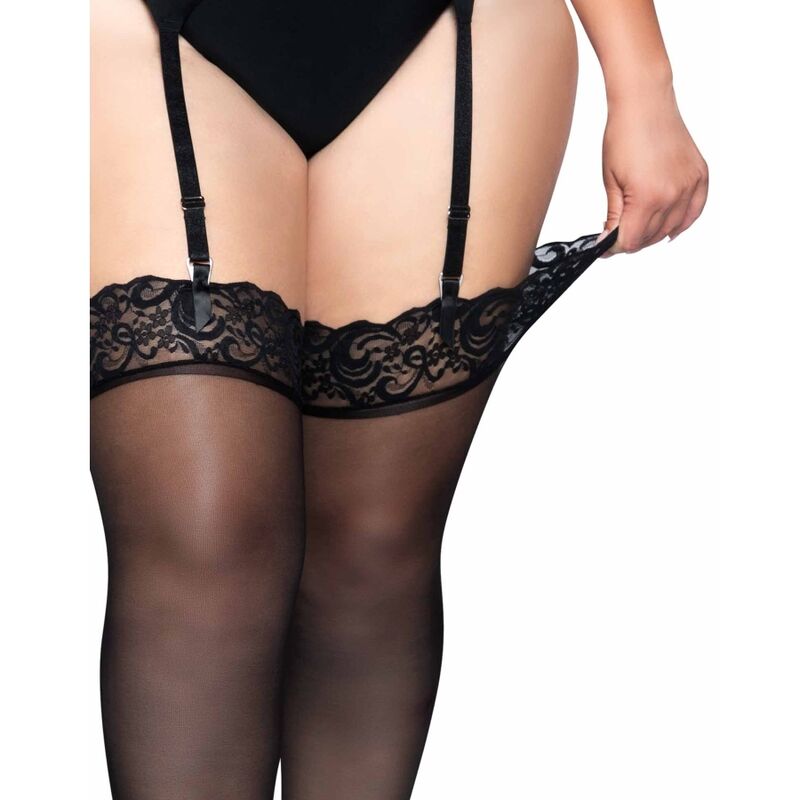 LEG AVENUE - OUTLET - MEDIAS DE NYLON NEGRAS CON PARTE SUPERIOR DE ENCAJE PLUS