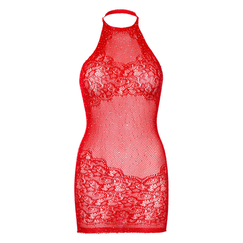 LEG AVENUE - VESTIDO MINI CON HALTER Y PIEDRA DE RAYAS - TALLA ÚNICA - ROJO