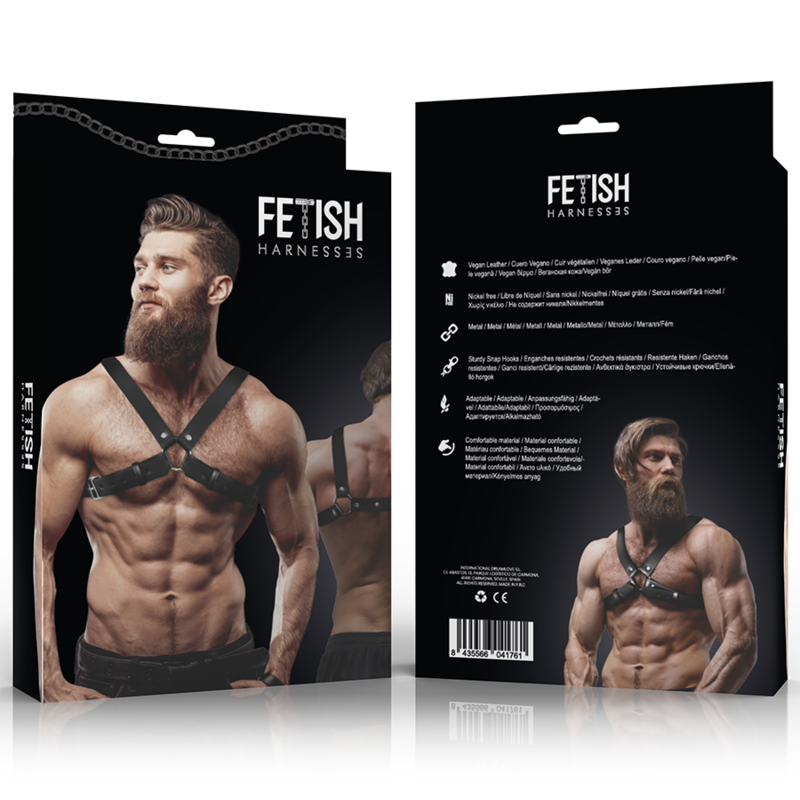ATTITUDE FÉTICHISME SOUMIS - HARNAIS DE POITRINE RÉGLABLE EN CUIR ÉCOLOGIQUE POUR HOMMES AVEC CROIX BULLDOG