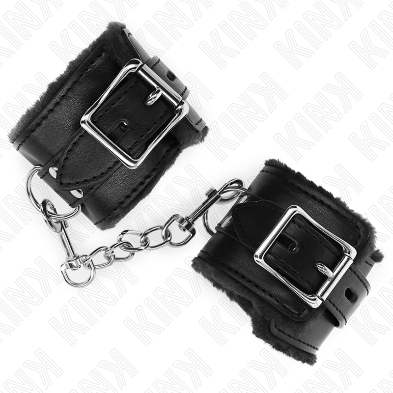 KINK - SUJECIONES DE MUÑECA CON FORRO DE PIEL NEGRO CON CINTURÓN NEGRO AJUSTABLE 17-29 CM X 6 CM