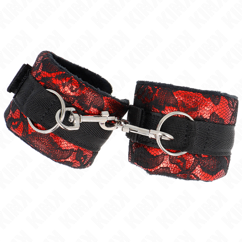 KINK - ATTACHES DE POIGNET COURTES EN VELOURS ET DENTELLE ET LIEN EN NYLON ROUGE / NOIR 23 X 6,5 CM
