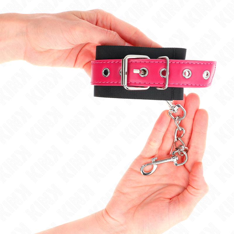KINK - SUJECIONES DE MUÑECA DE NYLON NEGRAS CON CINTURÓN DE CUERO SINTÉTICO COLOR FRAMBUESA AJUSTABLE 19-29 CM X 5,1 CM