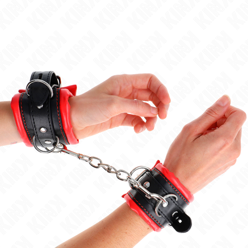 KINK - ATTACHES DE POIGNET LOURDES AVEC DOUBLURE DE FOURRURE ROUGE RÉGLABLES 20-30 CM X 6 CM