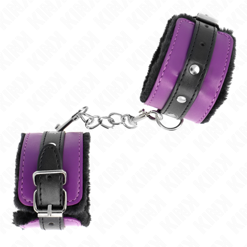 KINK - SUJECIONES DE MUÑECA CON FORRO DE PIEL PREMIUM NEGRO CON CINTURÓN MORADO/NEGRO AJUSTABLE 17-29 CM X 6 CM