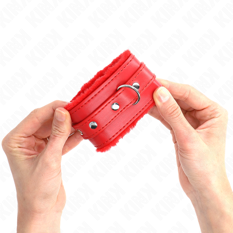 KINK - SUJECIONES DE MUÑECA CON FORRO DE PIEL PREMIUM ROJO CON CINTURÓN ROJO AJUSTABLE 17-29 CM X 6 CM