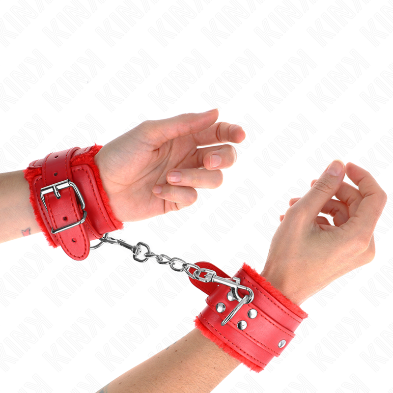 KINK - SUJECIONES DE MUÑECA CON FORRO DE PIEL ROJO CON CINTURÓN ROJO AJUSTABLE 17-29 CM X 6 CM