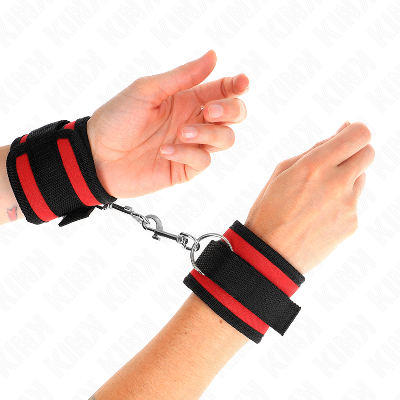 KINK - SUJECIÓN DE MUÑECA CON GANCHO Y BUCLE DE NYLON, ROJO-NEGRO, MODELO 2, AJUSTABLE 18-35 CM X 6 CM
