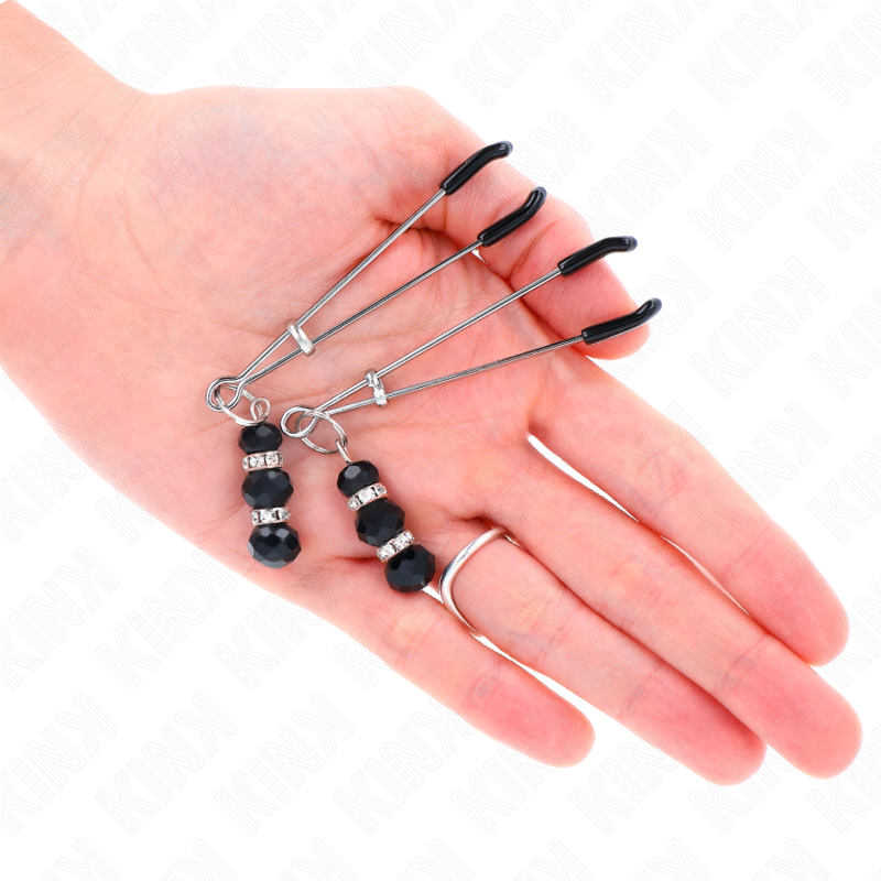 KINK - PINCES À TÉTONS FINES DORÉS AVEC 3 PERLES DE VERRE NOIRES 7 CM