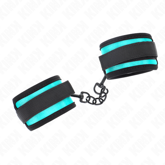 KINK - RESTRICCIONES DE MUÑECA DE NYLON CON GANCHO Y BUCLE, NEGRO-AZUL, AJUSTABLES 18-32 CM X 5 CM