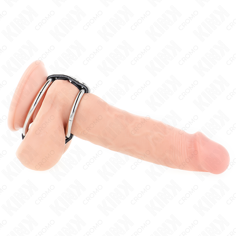 KINK - ANILLO DOBLE DE METAL PARA EL PENE DE 3,8 CM A 5 CM CONECTADO CON CUERO