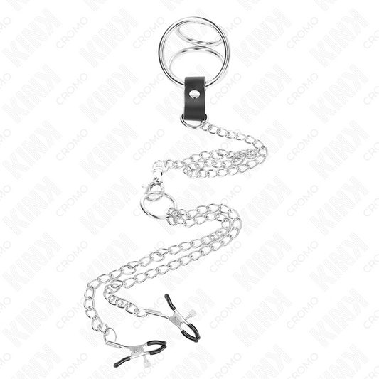 KINK - ANILLO PARA EL PENE DE METAL CROMADO TRIPLE DE 3,8 CM A 5 CM CON CADENA DE METAL DE 26 CM Y PINZAS PARA PEZONES MODELO 1
