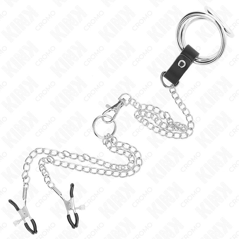 KINK - ANILLO PARA EL PENE DE METAL CROMADO TRIPLE DE 3 CM A 4,5 CM CON CADENA DE METAL DE 26 CM Y PINZAS PARA PEZONES