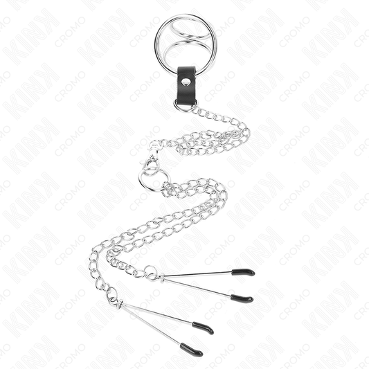KINK - ANILLO PARA EL PENE DE METAL CROMADO TRIPLE DE 3,8 CM A 5 CM CON CADENA DE METAL DE 26 CM Y PINZAS PARA PEZONES MODELO 2