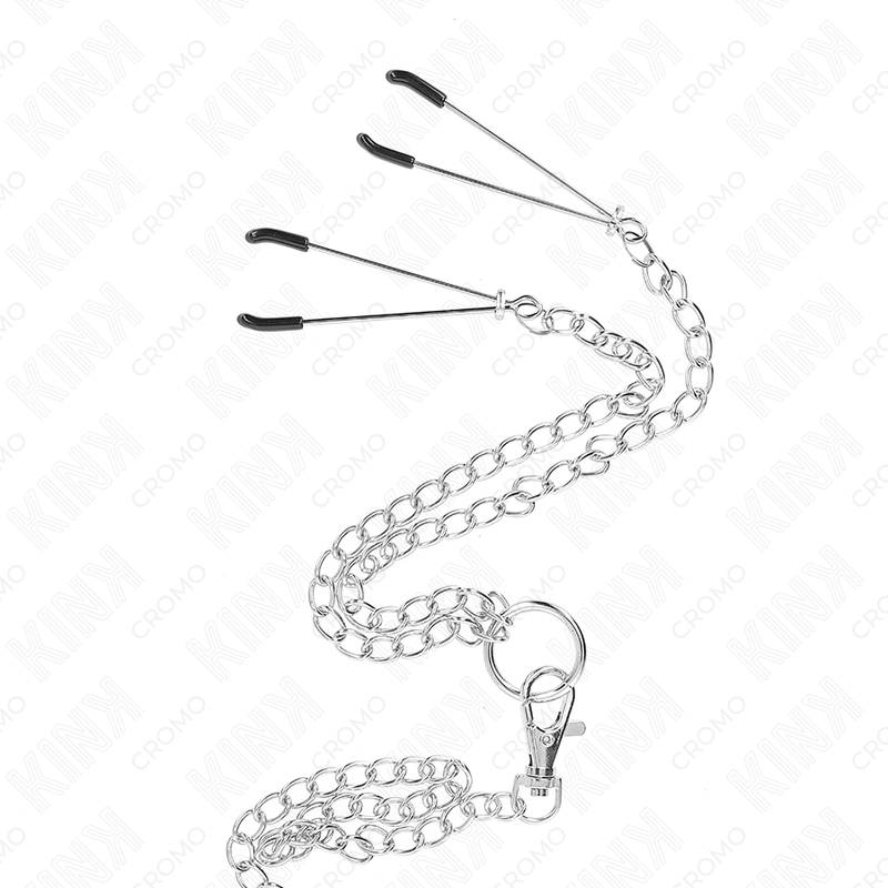 KINK - ANILLO PARA EL PENE DE METAL CROMADO TRIPLE DE 3,8 CM A 5 CM CON CADENA DE METAL DE 26 CM Y PINZAS PARA PEZONES MODELO 2