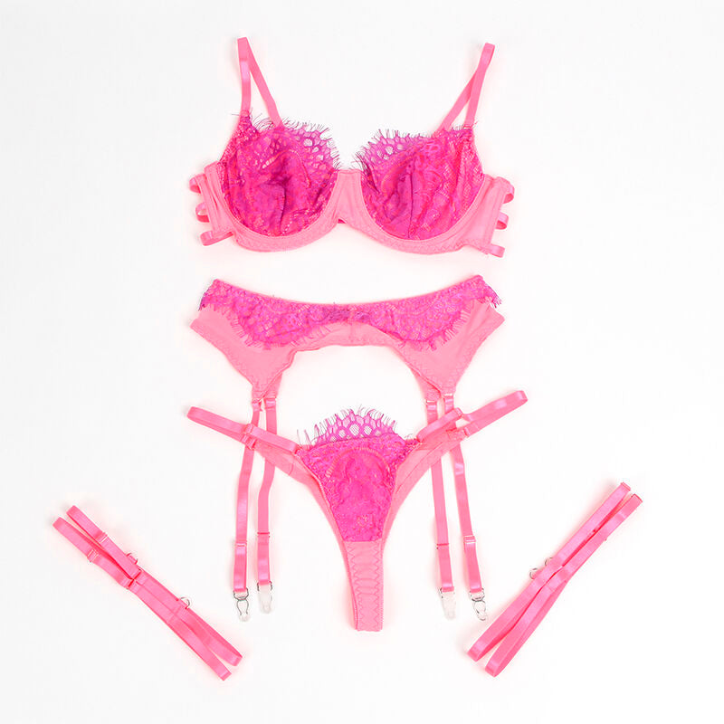 SUBBLIME - 955366 ENSEMBLE SOUTIEN-GORGE AVEC DENTELLE ET LIGNES JARRETELLES ROSE ET VIOLET L/XL
