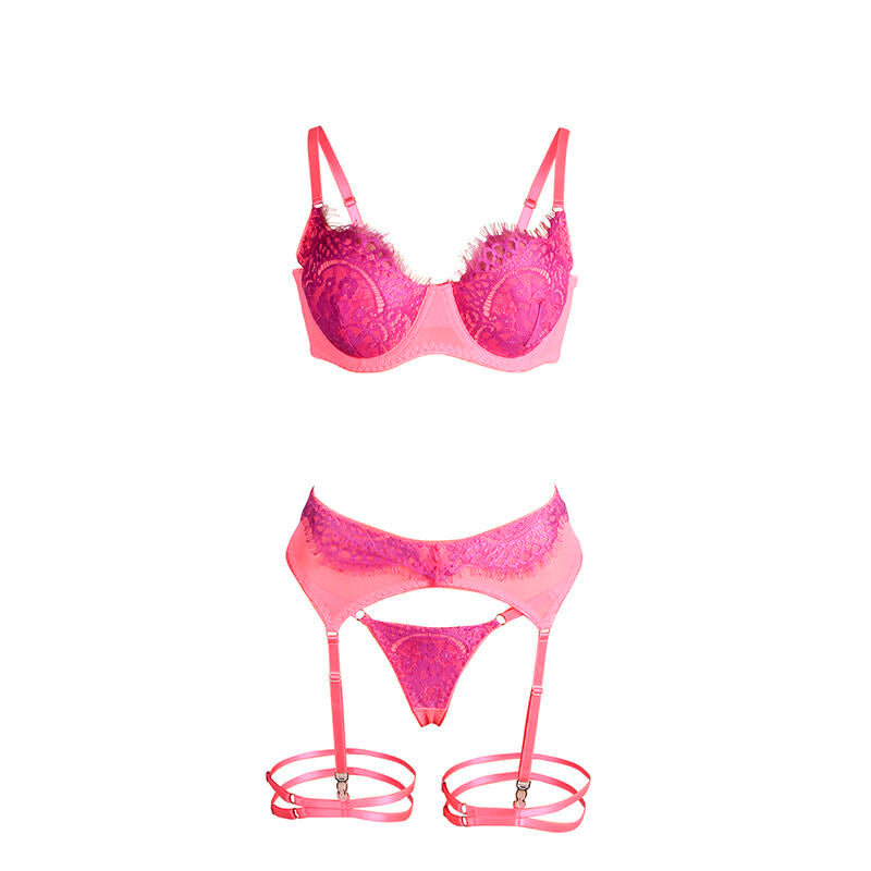 SUBBLIME - 955366 ENSEMBLE SOUTIEN-GORGE AVEC DENTELLE ET LIGNES JARRETELLES ROSE ET VIOLET L/XL