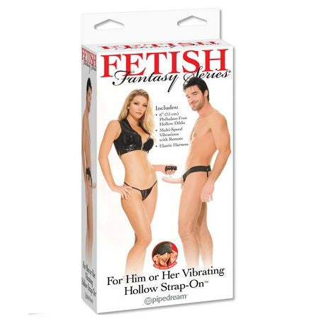 SERIE FETISH FANTASY - ARNÉS VIBRADOR HUECO PARA ÉL Y PARA ELLA NATURAL 14 CM