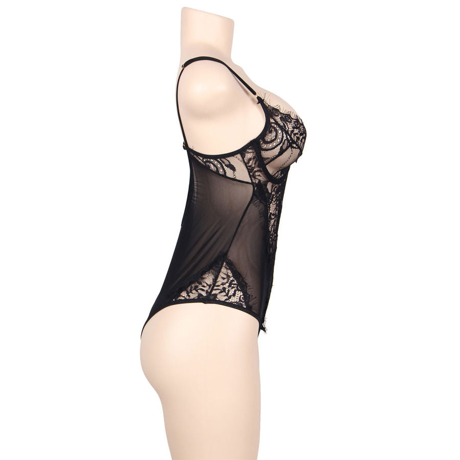 SUBBLIME - QUEEN PLUS TEDDY NOIR EN DENTELLE FLORALE ET À FRANGES